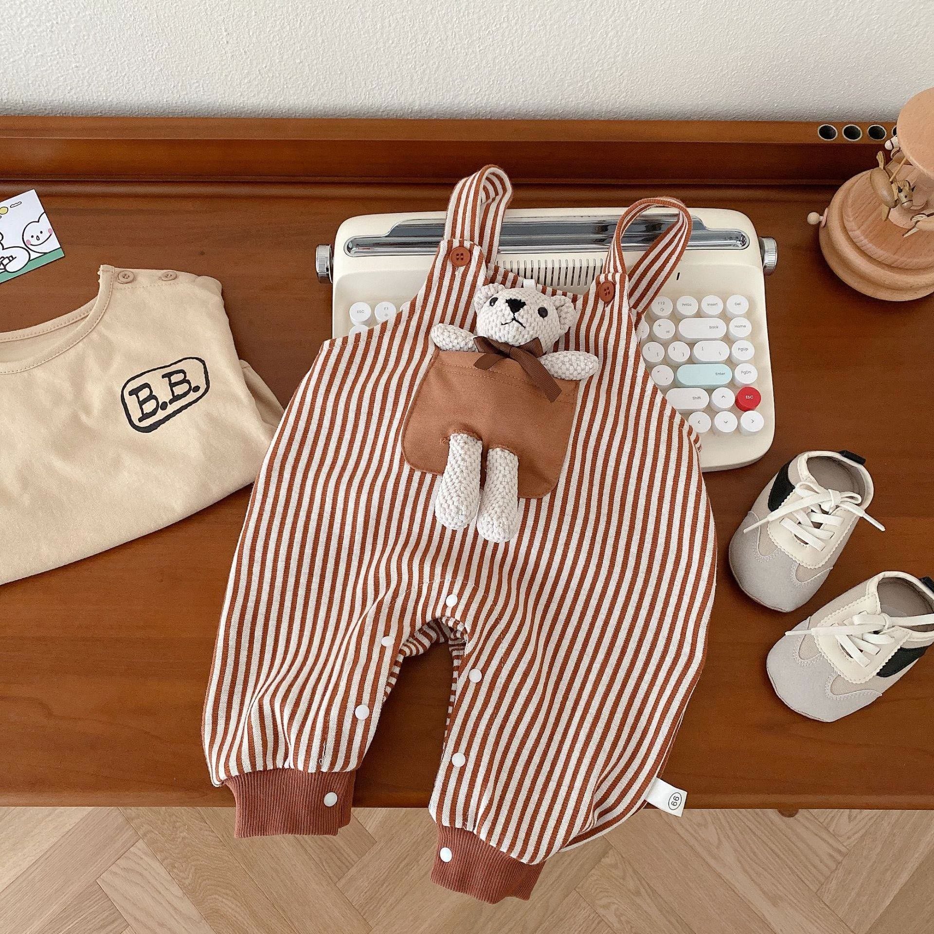 Baby Brown Striped Overalls with Bear Doll