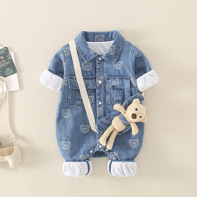 Baby Polo Denim Bear Romper with Bag