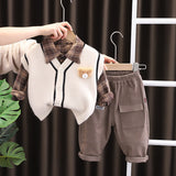 Baby Toddler Plaid Shirt Bear Tank Top and Pants Set