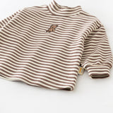 Baby Striped Embroidered Bear High Collar T-shirt