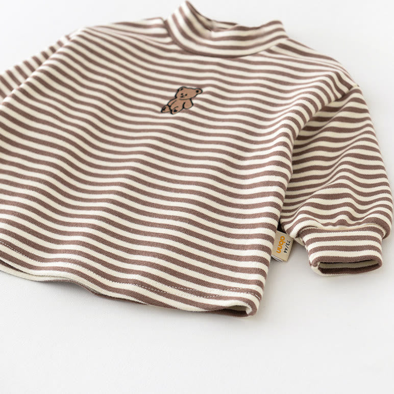Baby Striped Embroidered Bear High Collar T-shirt