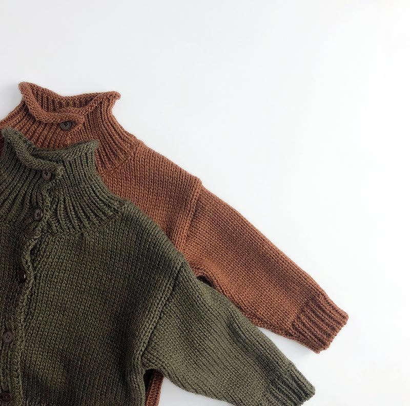 Toddler Button Solid Color High Collar Knitted Sweater
