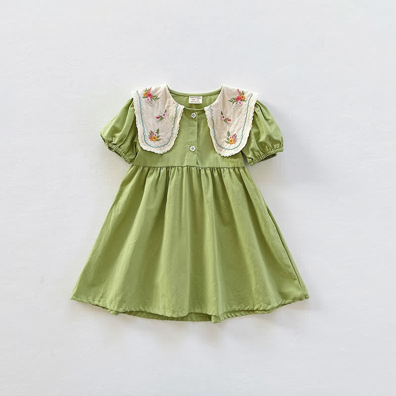 Toddler Girl Embroidered Flower Lapel Collar Dress