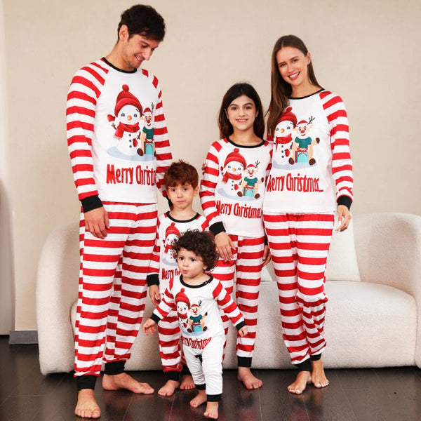 MERRY CHRISTMAS Family Matching Elk Snowman Striped Pajamas