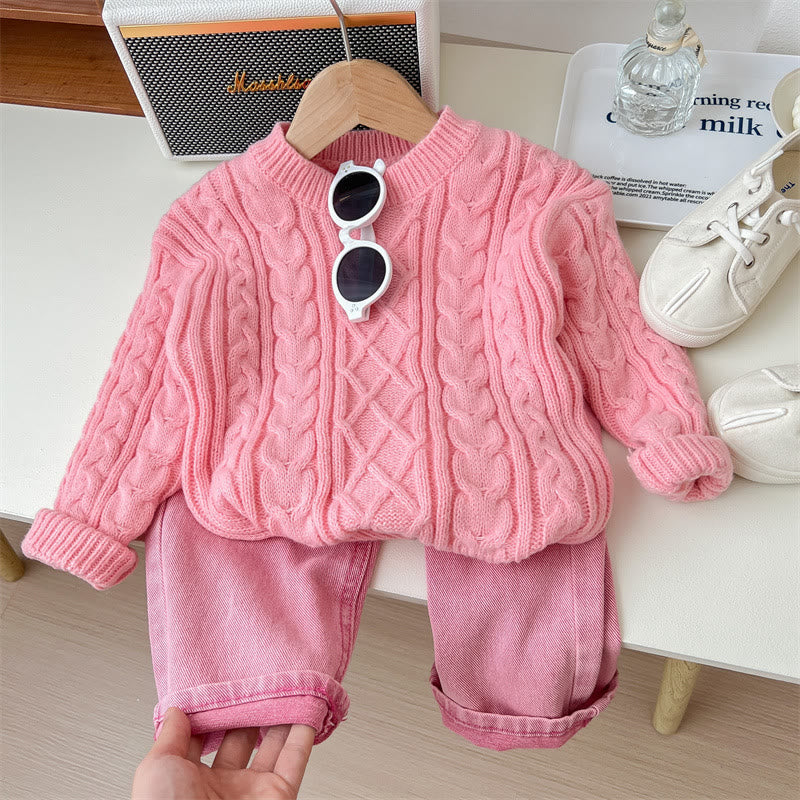 Toddler Girl Solid Color Knitted Pink Sweater