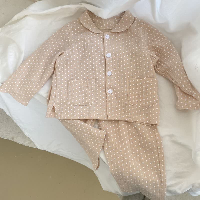 Toddler Dot Lapel Collar Top and Pants Pajamas Set