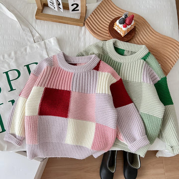 Toddler Color Block Multicolor Knitted Round Neck Sweater