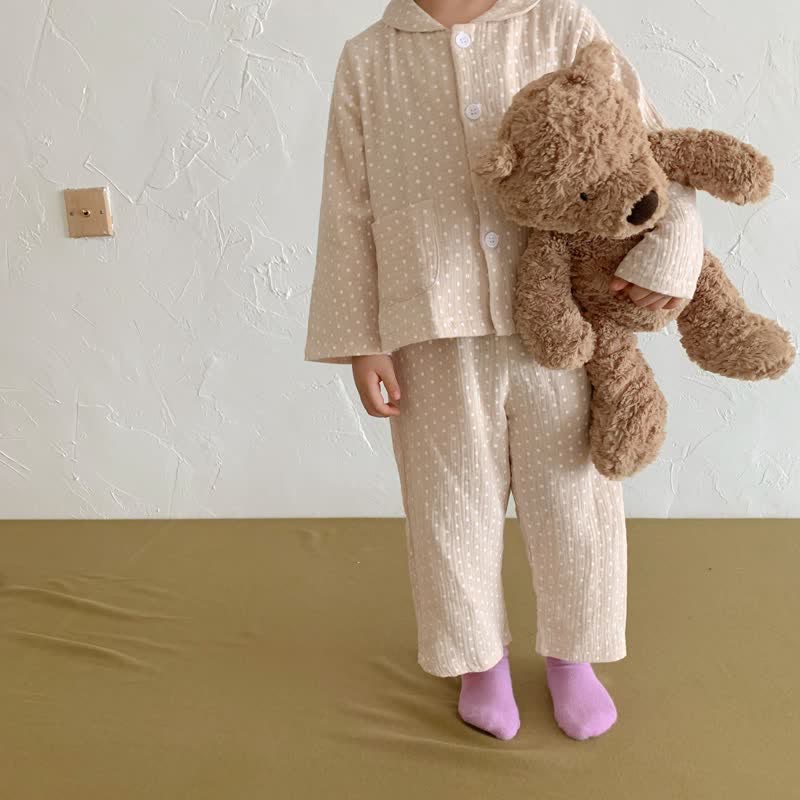 Toddler Dot Lapel Collar Top and Pants Pajamas Set