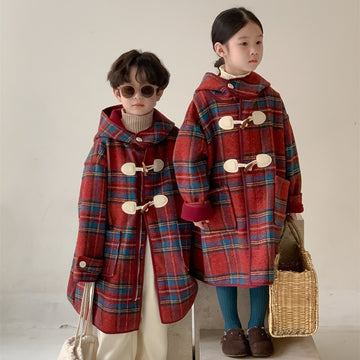Toddler Red Plaid Hooded Mid-length Coat