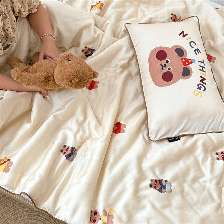 NICE THING Bear Reversible Tencel Printed Beige Pillowcase Quilt