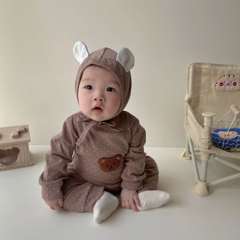 Baby Embroidered Bear Dot Bodysuit with Bonnet