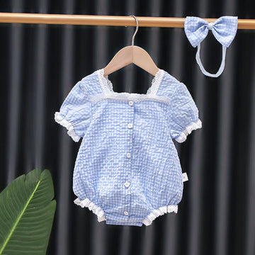 Baby Plaid Lace Trim Bodysuit with Headband