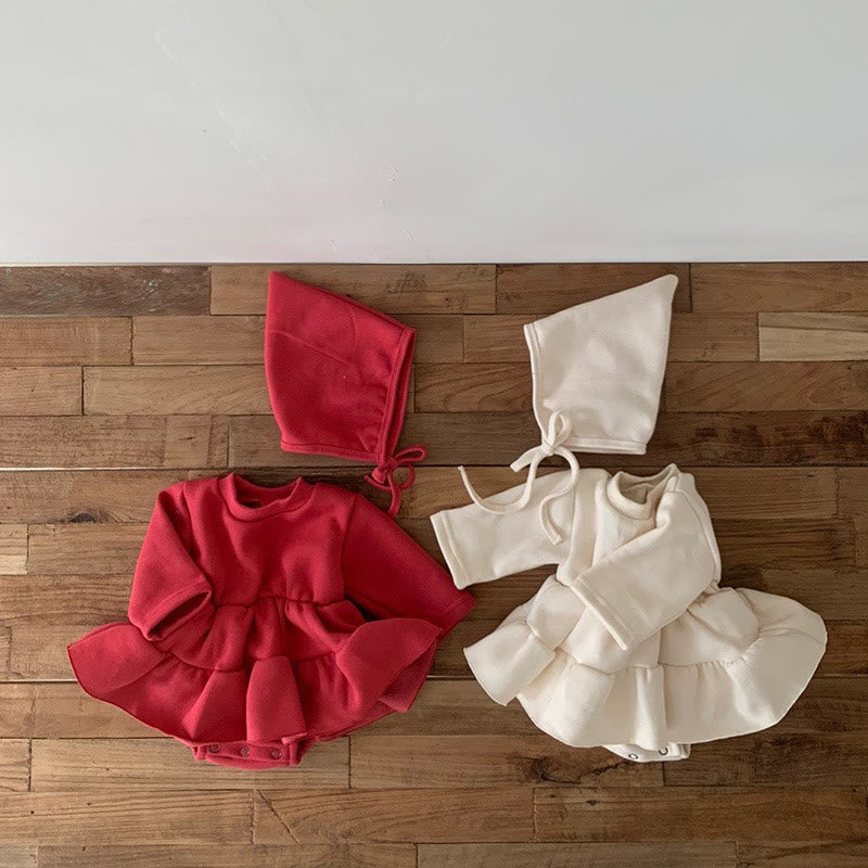 Baby Girl Solid Color Skirted Bodysuit with Bonnet