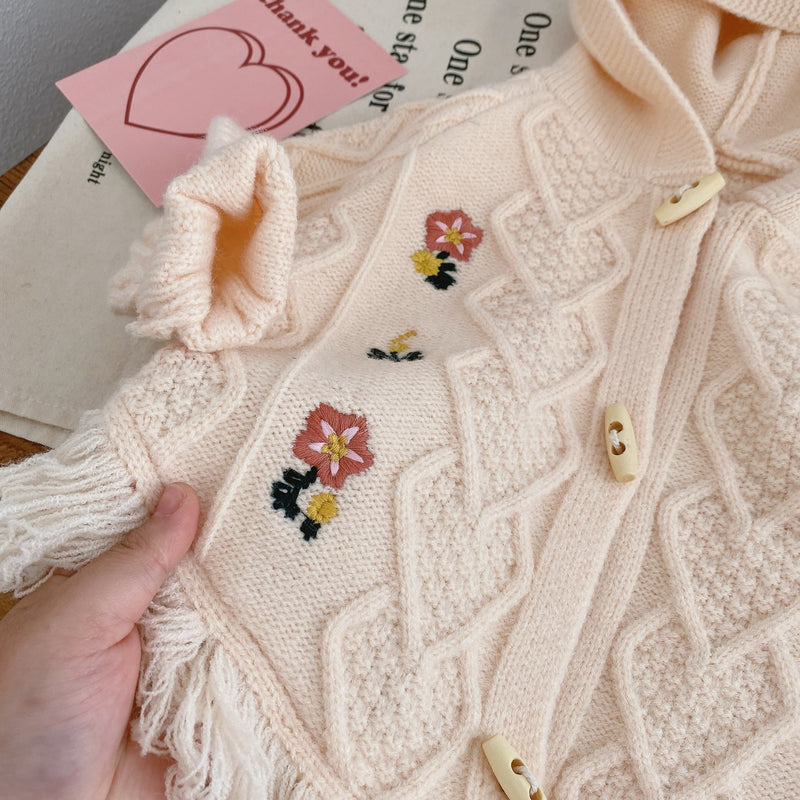 Toddler Embroidered Flower Tassels Hooded Cardigan