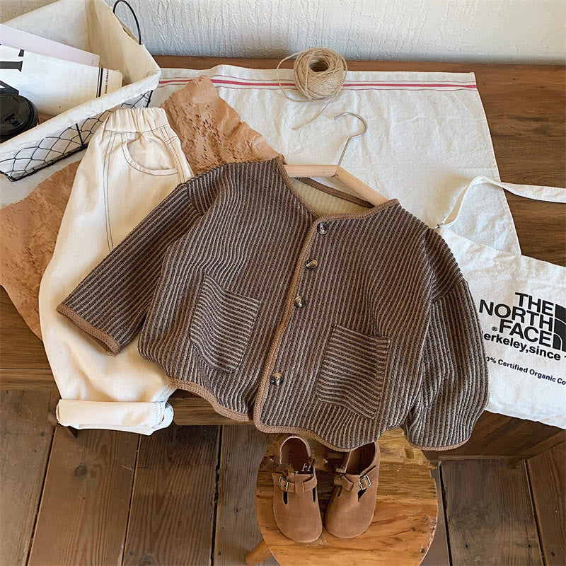 Toddler Pocket Striped Round Neck Cardigan