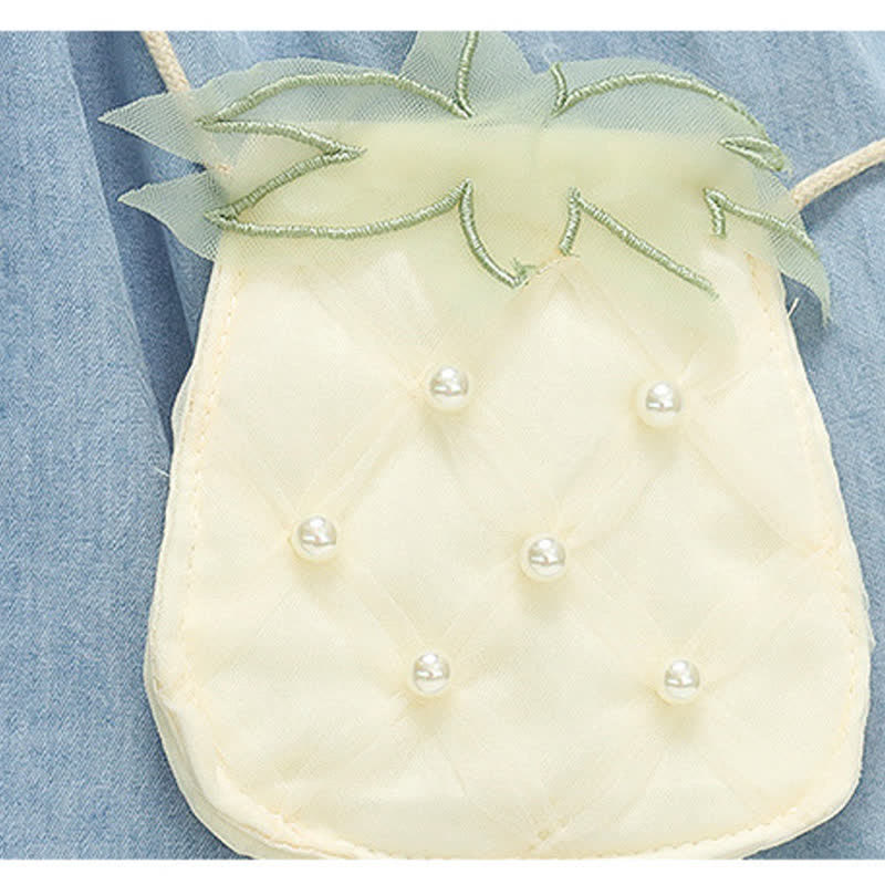 Toddler Girl Pineapple Lapel Collar Denim Dress with Bag