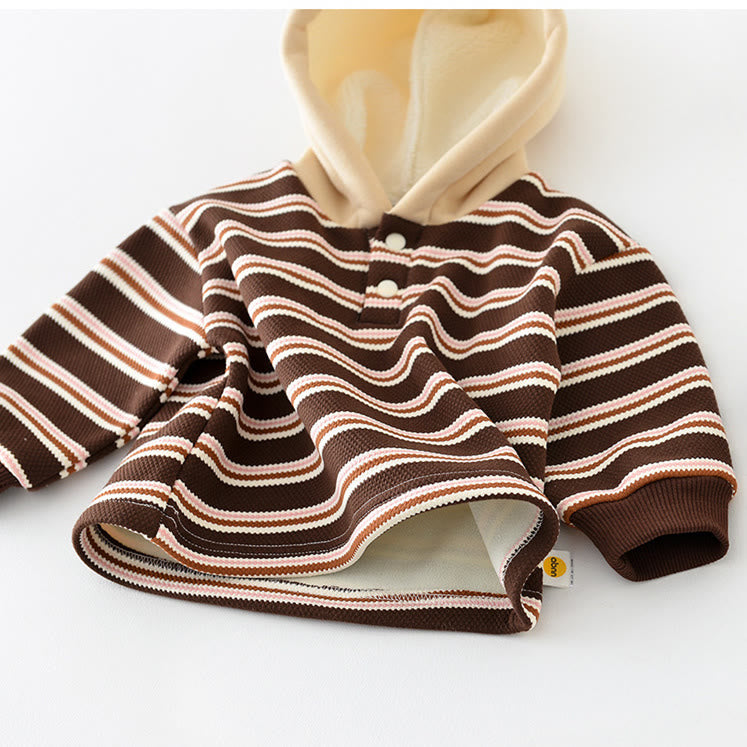 Baby Brown Striped Button Fleece Lined Hoodie