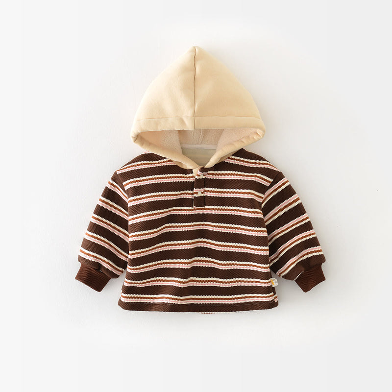Baby Brown Striped Button Fleece Lined Hoodie
