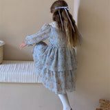 Toddler Girl Lace Lapels Flower Blue Sweet Dress