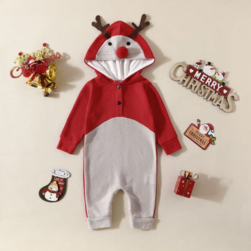 Baby Newborn Christmas Elk Hooded Romper