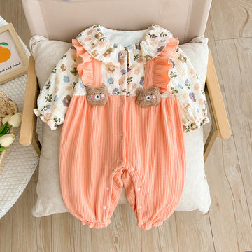 Baby Collar Bear Flower Fake 2 Pieces Romper