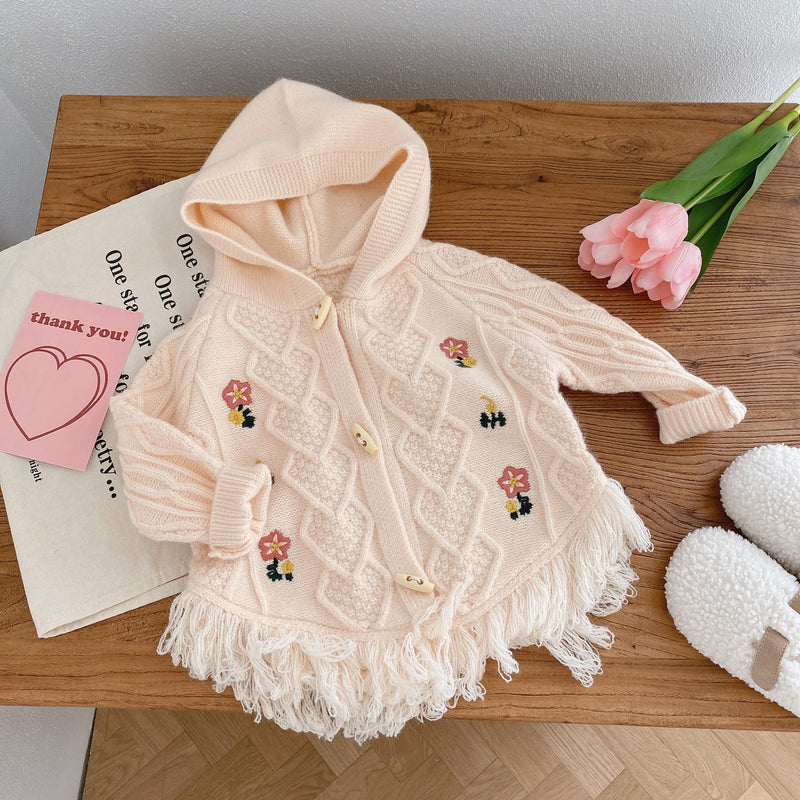 Toddler Embroidered Flower Tassels Hooded Cardigan