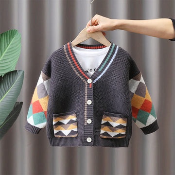 Toddler Boy Diamond Color Block Knitted Cardigan
