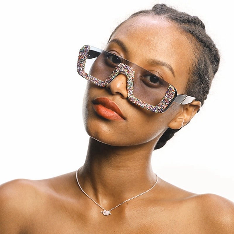 Rhinestone Half Frame Oversized Luxury Square Sunglasses