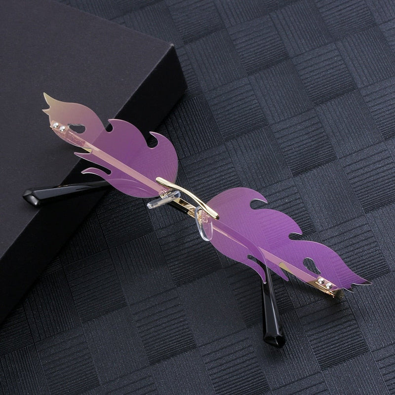 Fire Flame Rimless Wave Mirror Lens Narrow Cat Eye Sunglasses
