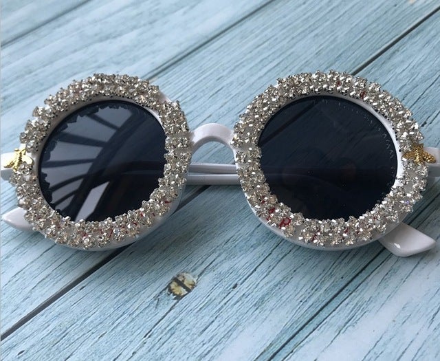 Flower Crystal Designed Frame Handmade Round Sunglasses