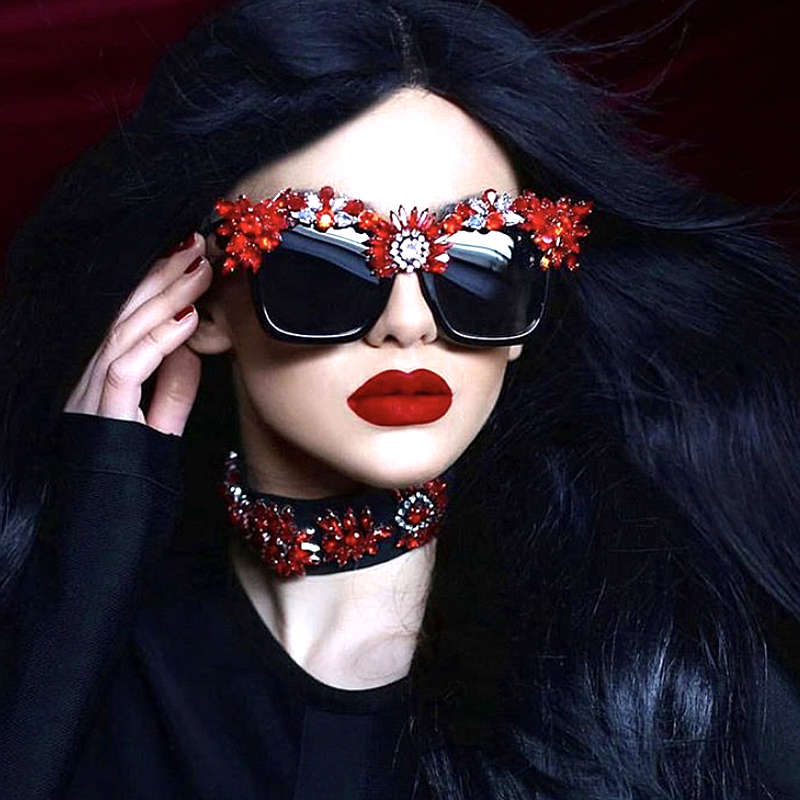 Red Crystal Rhinestone Resin Luxury Square Sunglasses