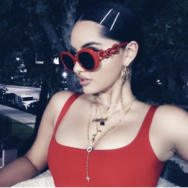 Luxury Brand With Circle Rhinestone Temples Vintage Round Sunglasses