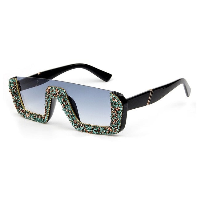 Rhinestone Half Frame Oversized Luxury Square Sunglasses