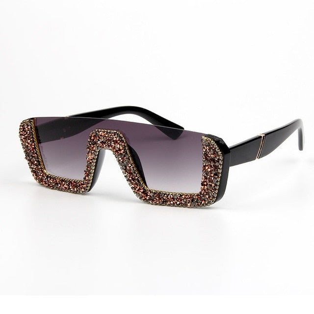 Rhinestone Half Frame Oversized Luxury Square Sunglasses