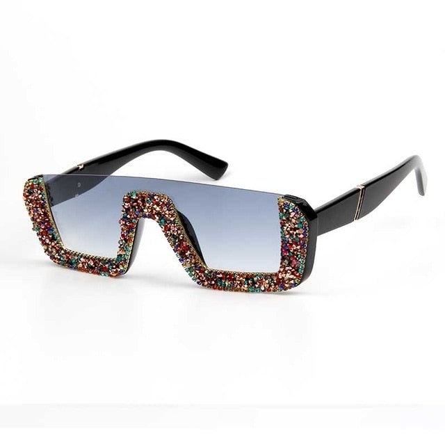 Rhinestone Half Frame Oversized Luxury Square Sunglasses