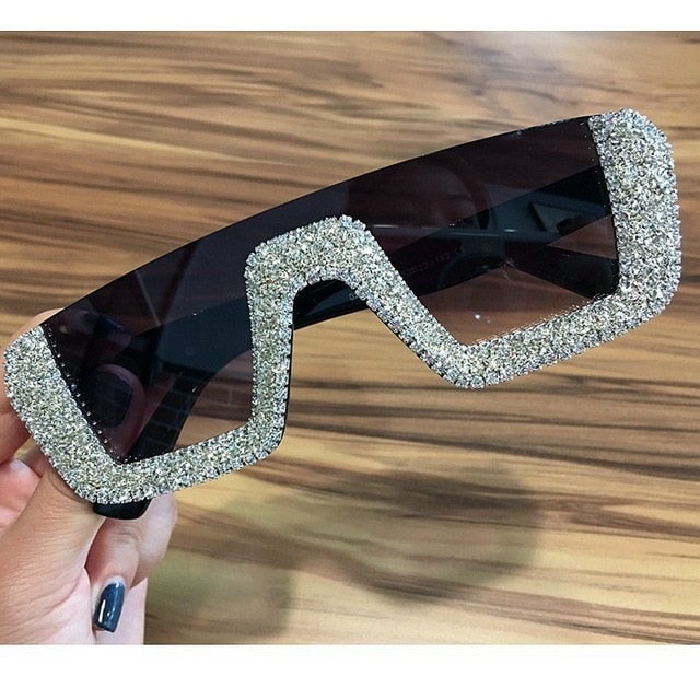Rhinestone Half Frame Oversized Luxury Square Sunglasses