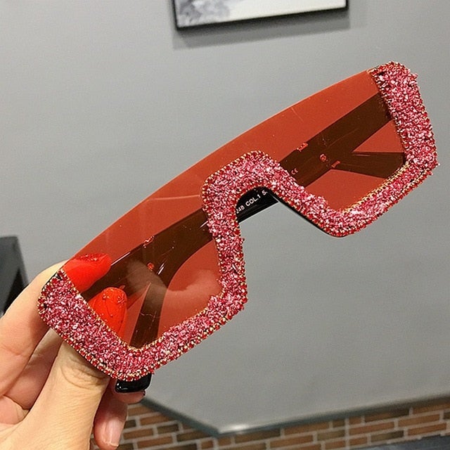 Rhinestone Half Frame Oversized Luxury Square Sunglasses