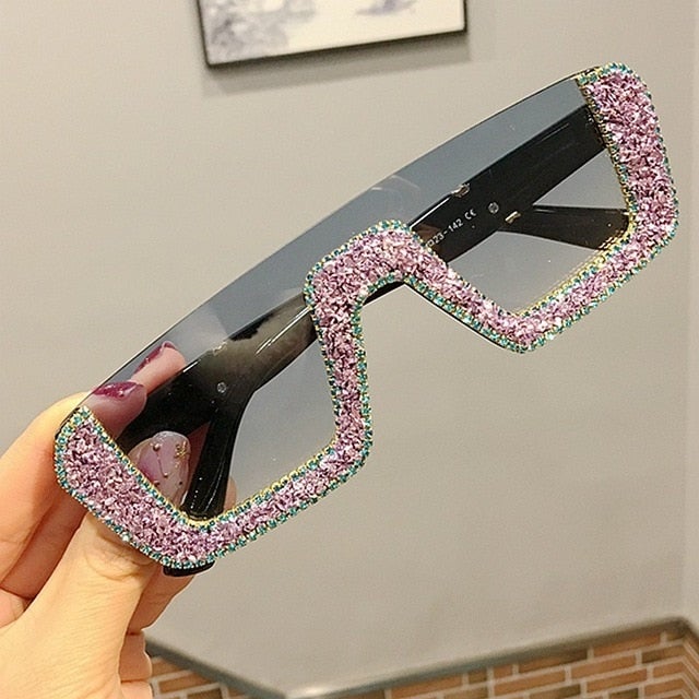 Rhinestone Half Frame Oversized Luxury Square Sunglasses