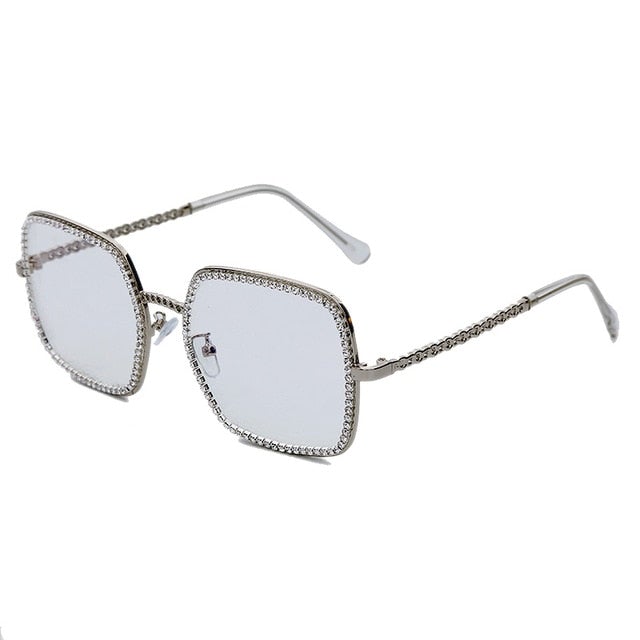 Flat Light Diamond Rimmed Luxury Crystal Clear Square Sunglasses