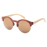 Retro Bamboo Wood Frame Vintage Reflective Lens Round Sunglasses