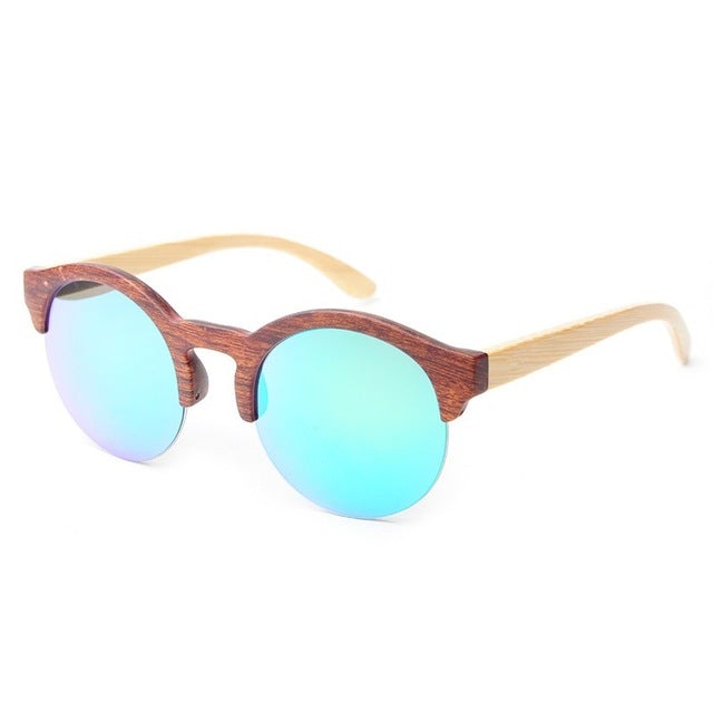 Retro Bamboo Wood Frame Vintage Reflective Lens Round Sunglasses