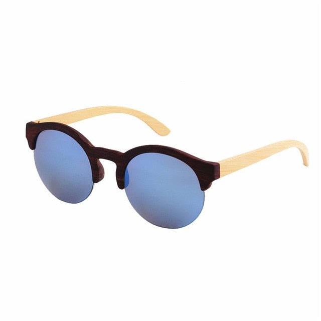 Retro Bamboo Wood Frame Vintage Reflective Lens Round Sunglasses