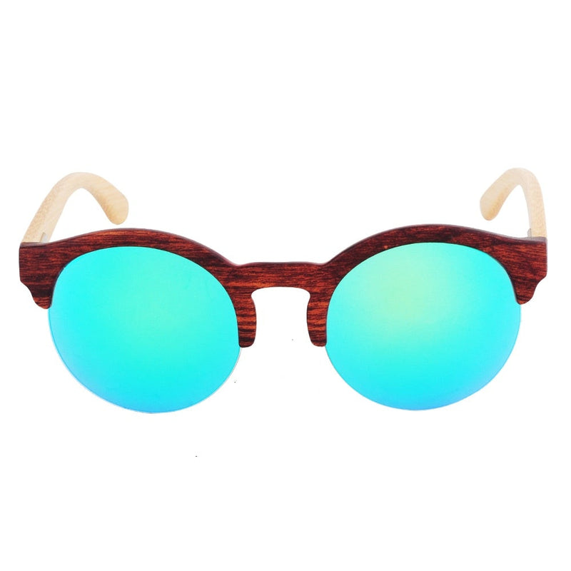 Retro Bamboo Wood Frame Vintage Reflective Lens Round Sunglasses