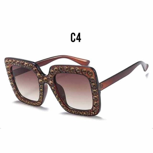 Luxury Full Rhinestone Crystal Frame Gradient Oversized Square Sunglasses