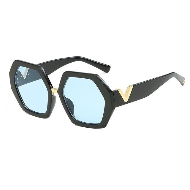 Letter V Hexagon Frame Gradient Vintage Retro Sunglass