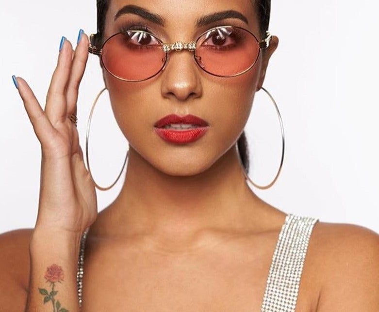 Vintage Wood Frame Diamond Crystal Handmade Round Sunglasses