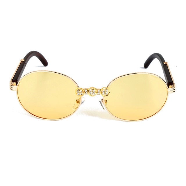 Vintage Wood Frame Diamond Crystal Handmade Round Sunglasses