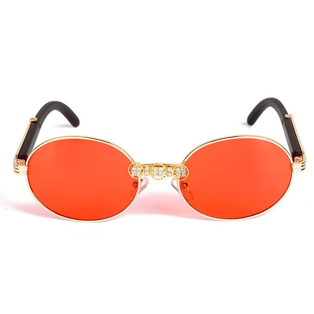 Vintage Wood Frame Diamond Crystal Handmade Round Sunglasses