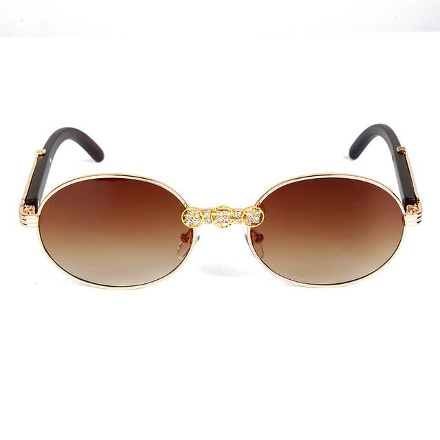 Vintage Wood Frame Diamond Crystal Handmade Round Sunglasses