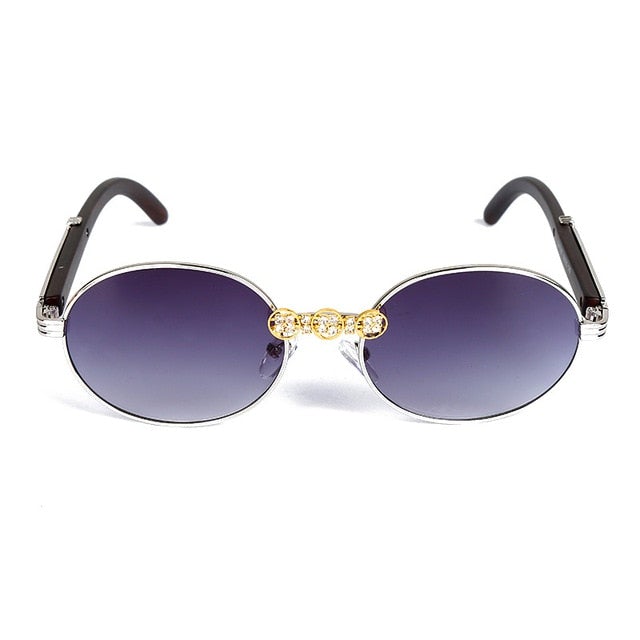 Vintage Wood Frame Diamond Crystal Handmade Round Sunglasses